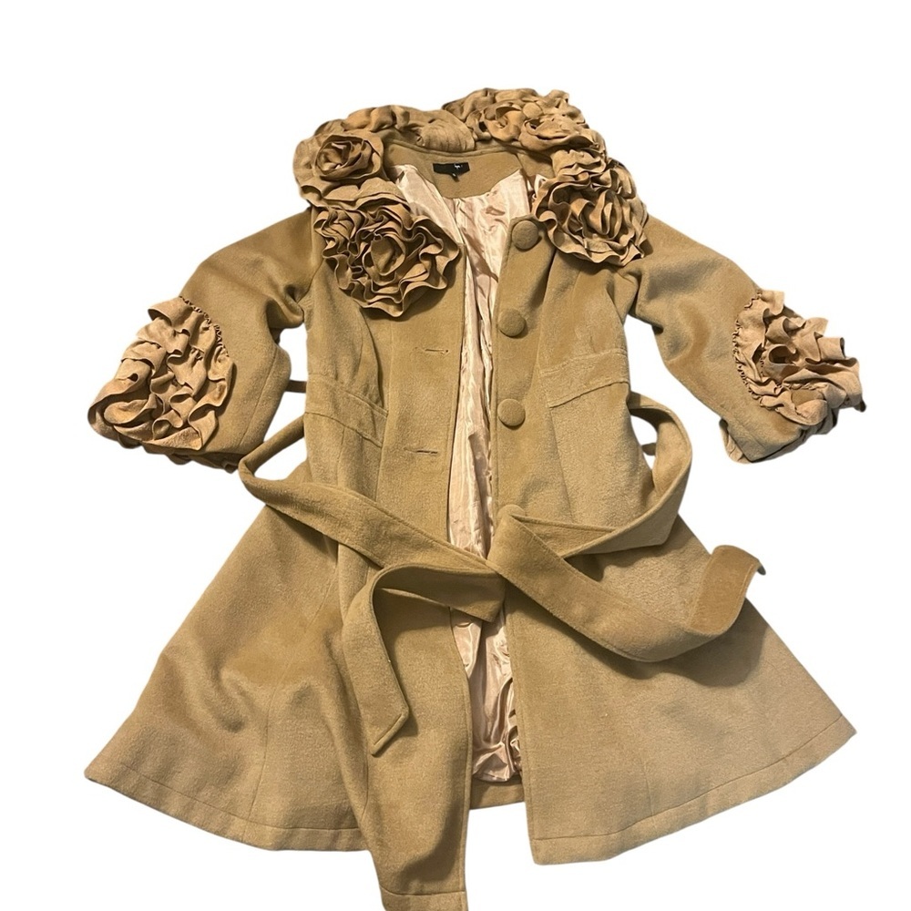 Ryu Brown Rosette Ruffle Collar Trench Coat Size Small - Picture 9 of 9
